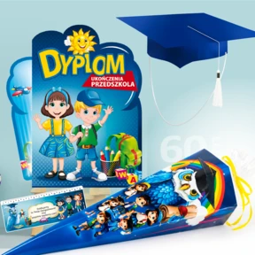 Zestaw Ukończenie Przedszkola — Dyplom, Biret, Róg Obfitości, Zakładka