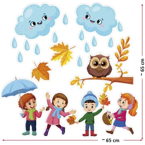 Dekoracja Szkolna – Dzieci, Chmurki i Krople Deszczu (Jesień)